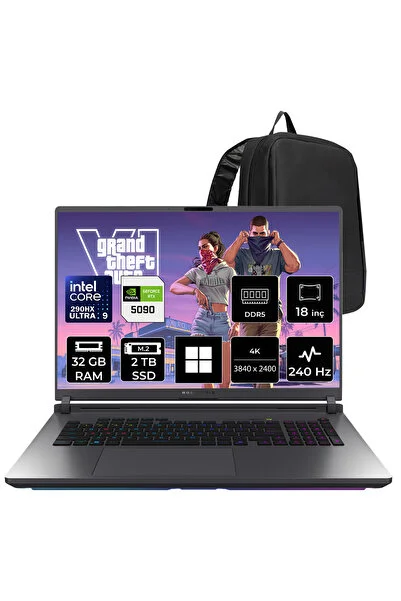ASUS ROG Strix G18 Intel Core Ultra 9 290HX Plus RTX 5090 24GB 175W 32GB RAM 2TB SSD 18" 4K (3840x2400) WQUXGA 240Hz Mini LED Win11 Home G835LXG-TQ549P382 Gaming Laptop + PER4 Çanta