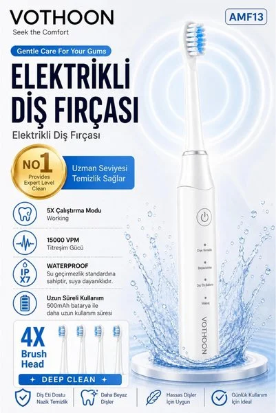 Ronanna Şarjlı Diş Fırçası 15000 VPM Titreşim Gücü, 500mAh Batarya, 5 Temizlik Modu beyaz