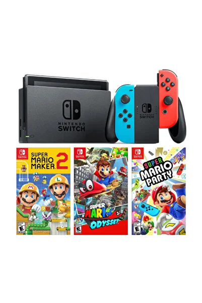 Nintendo Switch Renkli Mavi Kırmızı + Super Mario Maker 2 + Super Marıo Odyssey + Super Marıo Party