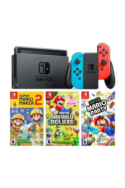 Nintendo Switch Renkli Mavi Kırmızı + Super Mario Maker 2 + Super Marıo Party + Super Marıo Bros U Deluxe