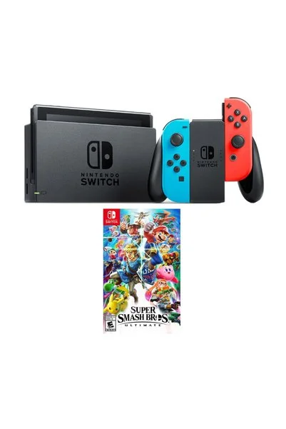 Nintendo Switch Renkli Mavi Kırmızı + Super Smash Bros Ultimate Oyun
