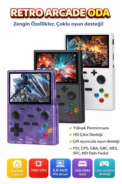Retro Arcade Taşınabilir Oyun Konsolu 3.5” IPS Ekranlı Linux Sistem Çoklu Emulator Destekli El Tipi Retro Oyun