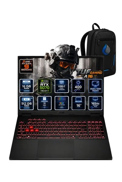 ASUS TUF Gaming A16 AMD Ryzen 9 8940HX 16 GB DDR5 512 GB SSD RTX 5070 8GB 16'' WQXGA IPS 165Hz Windo