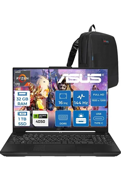 ASUS Tuf Gaming A16 (FA607NUQ-GAMING) Amd Ryzen™ 7 170 32GB Ddr5 1tb SSD RTX4050/6GB 140W 16″/fhd+ 16:10 (1920 x 1200, Wuxga) 300 Nits, 144Hz, Freedos Taşınabilir Bilgisayar RL028F13+ZETTAÇANTA