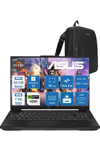 ASUS Tuf Gaming A16 (FA607NUQ-GAMING) Amd Ryzen™ 7 170 32GB Ddr5 1tb SSD RTX4050/6GB 140W 16″/fhd+ 16:10 (1920 x 1200, Wuxga) 300 Nits, 144Hz, WIN11HOME Taşınabilir Bilgisayar RL028H13+ZETTAÇANTA