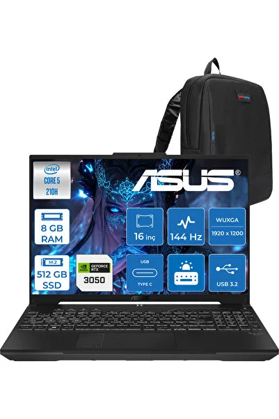 ASUS Tuf Gaming F16 FX607VJ 5-210H 8gb 512GB SSD RTX3050 6gb 16 Inç Wuxga 144Hz IPS Freedos RL033F02