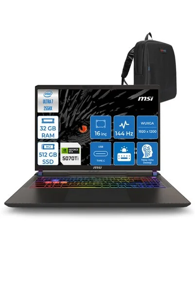 MSI Vector 16 Hx Ultra 7 255HX 32GB 512GB SSD 12GB/RTX5070TI/140W Freedos 16" Fhd+ 144Hz 091XTRF09