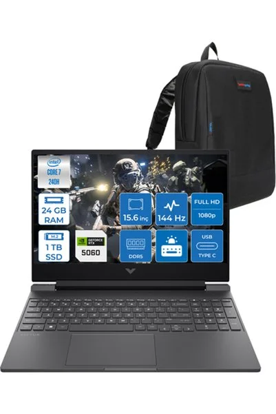 HP Victus Intel Core I7 240H 24GB Ddr5 1tb SSD 8GB/RTX5060 15.6" Fhd 144Hz IPS 62.5% Srgb Windows 11 Home Taşınabilir Bilgisayar BV7W9EAH06 + Zettaçanta