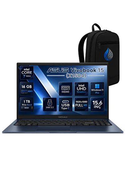 ASUS Vivobook 15 Intel Core 7 150U 16 GB DDR4 1 TB SSD 15.6'' FHD Windows 11 Pro Laptop X1504VA-BQ5456RNP06
