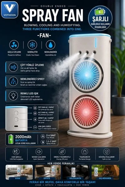 Ronanna Vothoon Çift Başlıklı Sprey Fan Nemlendirici ve Renkli LED Işıklı beyaz