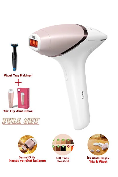 Philips Vücut ve Yüz 2 Başlık,450.000 Atım,Tıraş Makinesi ve Yüz Temizleyici Hediyeli Ipl Lazer Epilasyon Seti
