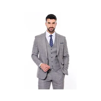 Wessi Ekose Gri Yelekli Slim Fit Takım Elbise