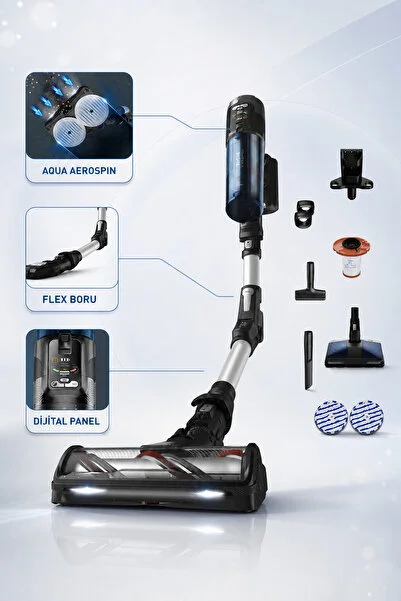 TEFAL X-Force Aqua Islak Kuru Şarjlı Dikey Süpürge Aqua Başlıklı Zemin Yıkama Bükülebilir Boru Ayrı Su Hazneleri Kablosuz Parke Seramik Laminat Temizliği Beyaz TY9AC1WO